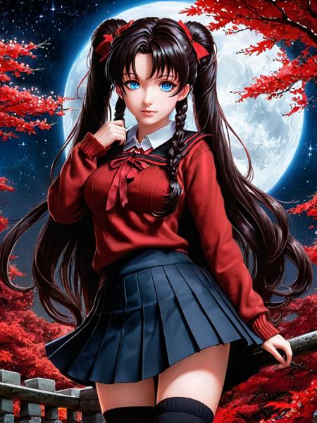 <lora:SS02ImpressionisticPainting_Hap_XL:2>,Thomas Kinkade style, <lora:add-detail-xl:0.1> rin_tohsaka, tohsaka rin, dark hair, long hair, black hair, two side up, twin-tails, sweater, long sleeves, red sweater,thighhighs, garter straps, zettai ryouiki, (black pleated skirt),beautiful jewel-like blue eyes, perfectly detailed anime eyes, wrenchwhispersofzen, black background, red theme, tree, leaf, flowers, east asian architecture, space, stars, galaxies