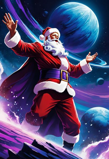 add_detail, masterpiece, Santa Claus unleashing a colossal, electrifying power blast from his outstretched hands, the vibrant, swirling energy enveloping a distant planet in a mesmerizing display of might, with dynamic, expressive lines and exaggerated shading reminiscent of Studio Trigger's signature style, rendered in a stunning, high-contrast flat color scheme with cinematic lighting, deep blues and purples accentuating the dramatic atmosphere, as if lifted straight from a manga scan or anime still, created with the precision and versatility of Clip Studio Paint, showcasing a cel-shaded aesthetic with bold, graphic textures and a captivating sense of depth and dimensionality, perfect as a striking wallpaper.
