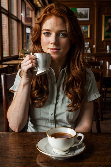 <lora:Rose_Leslie:1> masterpiece, best quality, detailed face, a mature r1873l, 1girl, solo, red hair, cup of tea, cafe, inside, table with a leprechaun, salt pepper pots, plate