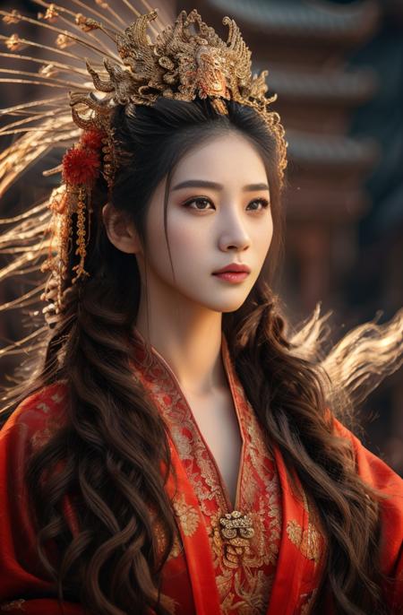 8K ,((masterpiece)),((highly detailed)),realistic, (masterpiece, top quality, best quality, official art, beautiful and aesthetic:1.3),
1girl, Chinese ancient-style beauty,((an extremely delicate and beautiful)), queen,(((detailed head))), (((facial close-up))), wearing a ((red dragon-phoenix gown)), with a( bell tower) background, bright eyes, (detailed face, detailed eyes), looking to the side,slight depth of field,