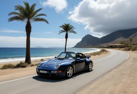 motor vehicle, car, no humans, sky, outdoors, vehicle focus, blue sky, ocean, cloud, road, scenery, day, beach, water, mountain, sand, tree, horizon, shadow, island, mountainous horizon, shore, desert, hill, landscape, building, grass, rock, sports car, driving, nature, cloudy sky, palm tree, cliff  (1995 Porsche 993 Turbo)