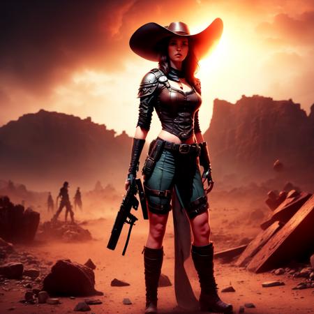 an attractive woman [gunslinger:bounty hunter:0.4] standing in a apocalyptic wilderness (gameblocked style:1) <lora:djzGameBlocked_LB2:0.8>