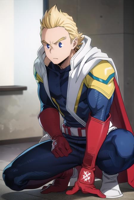 mirio, <lyco:mirio-lyco-nochekaiser:1>,
mirio, short hair, blonde hair, spiked hair,
BREAK gloves, boots, pants, cape, bodysuit, white footwear, red gloves, red cape, blue pants, superhero,
BREAK looking at viewer, upper body,
BREAK indoors, classroom,
BREAK <lyco:GoodHands-beta2:1>, (masterpiece:1.2), best quality, high resolution, unity 8k wallpaper, (illustration:0.8), (beautiful detailed eyes:1.6), extremely detailed face, perfect lighting, extremely detailed CG, (perfect hands, perfect anatomy),