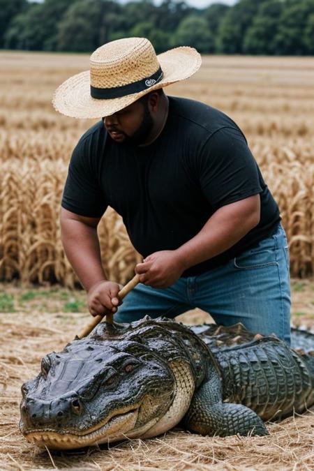 raw photo, a black fat man (((fighting alligators furiously))), a straw hat, (farmer, dirty clothes:1.1), a field with wheat in the background, a ranch, warm lighting, cosy atmosphere, Instagram style, 8k uhd, dslr, soft lighting, high quality, film grain, Fujifilm XT3, (natural skin texture, hyperrealism, soft light, sharp)