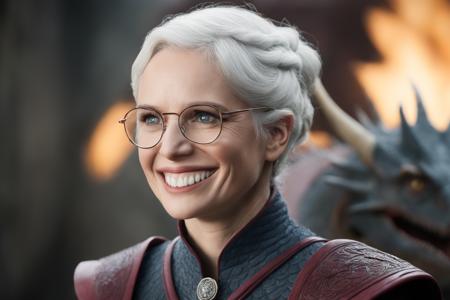 Cinematic, still shot of (woman Sardruiss123) as a targaryen of Game of thrones, smiling, glasses, riding a Dragon, intricate detail, vibrant, sharp focus