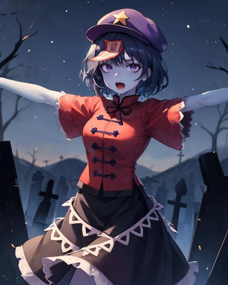 best quality, (masterpiece:1.2), illustration, absurdres, 
(1girl), (solo), (beautiful detailed girl),
<lora:Yoshika:0.9>,  Miyako Yoshika, (blue skin, purple skin:1.1), dark blue hair, purple eyes, medium breasts, zombie, jiangshi, undead
blue hat with a yellow star, ofuda on forehead, red shirt, short sleeves, black skirt with frills, tangzhuang, chinese clothes,
open mouth, fangs, drooling, angry, looking at viewer,
graveyard, gravestones, dead trees, night, dark, starry sky, distant mountains,
((outstretched arms, arms forward, reacubg towards viewer, stiff limbs)),