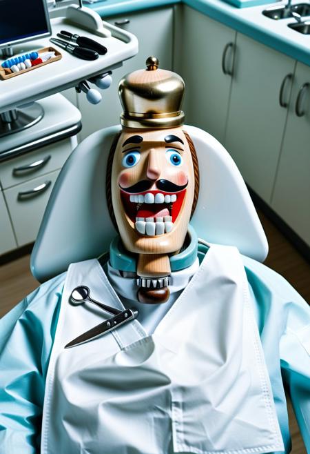 Realistic photo, ultra-realistic photo, RAW photo, high res., high quality, masterpiece, high angle, view from above, photo of a wooden nutcracker, at the dentist, he is lying in a white dentist's chair with a white bib around his neck, eyes wide open, shocked, mouth wide open, next to him is a trolley with dentist's tools, a dentist in a white coat is treating his teeth, intricate details, super-detailer-bsy, detailifier,