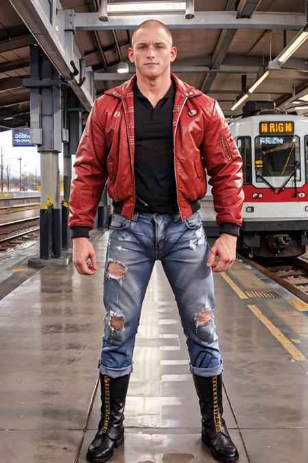 light rail station, railroad platform, skinhead, muscular BrandonBangs, close crop haircut, slight smile, (jacket), jeans and boots, ((bleachers jeans)), (closed jacket), (zipped jacket), (GS-Masculine:0.9), masterpiece, (((full body portrait))), wide angle, (looking at viewer), photorealistic,  <lora:100_skins_v1:0.7> <lora:BrandonBangs:0.8>