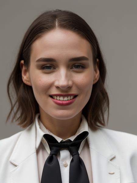 Realistic photo of a beautiful r00n3ym woman, 1girl,solo,looking at viewer,short hair,simple background,shirt,black hair,white background,jacket,white shirt,parted lips,necktie,teeth,collared shirt,grey background,lips,black jacket,formal,suit,portrait,black necktie,freckles,realistic,soft lighting, professional Photography, Photorealistic, detailed, RAW, analog, sharp focus, 8k, HD, high quality, masterpiece<lora:r00n3ym:1.0>