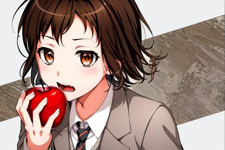 reincarnation apple, 1girl, solo, looking at viewer, open mouth, 
simple background, holding, food, fruit,  holding food, holding fruit, white background,teeth, 
hazawa tsugumi, brown hair,necktie,brown eyes, short hair, (grey jacket:1.2),suit,expressionless, flat sleeves,