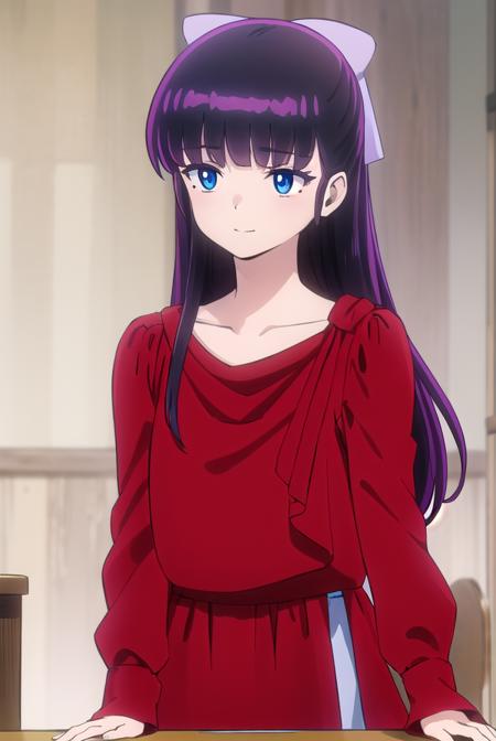 ryoukomendou, <lora:ryouko mendou s1-lora-nochekaiser:1>,
ryouko mendou, long hair, blue eyes, purple hair, bow, hair bow, mole, mole under eye, smile,
BREAK dress, red dress, collarbone, long sleeves,
BREAK indoors, classroom,
BREAK looking at viewer, (cowboy shot:1.5),
BREAK <lyco:GoodHands-beta2:1>, (masterpiece:1.2), best quality, high resolution, unity 8k wallpaper, (illustration:0.8), (beautiful detailed eyes:1.6), extremely detailed face, perfect lighting, extremely detailed CG, (perfect hands, perfect anatomy),