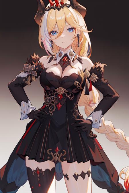 masterpiece, best quality, highres, 1girl blue eyes hair flower horns earrings braided ponytail tiara, black dress bare shoulders breasts cleavage black gloves long sleeves single thighhigh fur trim detached collar <lora:durandal_nibelungen_traumlied:1> simple background, standing, hand on hip, looking at viewer