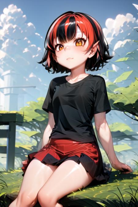 1girl <lora:nisha-30:0.9>, t-shirt, skirt, sit, far, grass