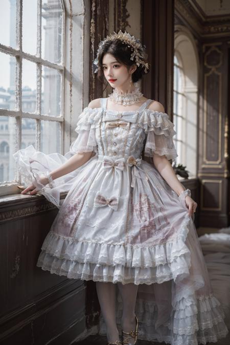 realistic, photorealistic, masterpiece, absurdres, extremely detailed, best quality, lo_dress, frilled dress, white pantyhose, 1girl, solo, long black hair, bangs, (looking at viewer:1.2), full body, standing, detailed background, indoors, palace, luxury decorations, window, sunshine, <lora:lo_dress_vol2_style3_v2:0.7>