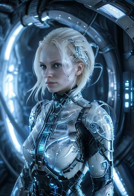 headshot of an arrogant young curvy nasty blond borg woman, age-30, in a sleek white porcelain ribbed borg (race) skin, futuristic fashion, looking at viewer, inside a transparent SilverPulse scifi lab chamber of hologrameffect graphics inside a borg starship, masterpiece
(Professional photography, tilt-shift lens, high resolution:0.9)