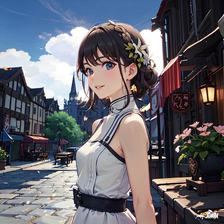 (1 girl),mid shot,smile,perfect face, very beautiful eyes,stars in the eyes,(photo realistic),standing, arms behind back,braid,short hair,(white dress:1.4),(upper body:1.4),(photo background:1.3),(mengde:1.2),small town,flowers,sakura on the ground,sakura trees,booths,street,stairs,masterpiece,best quality, highly detailed, cinematic lighting, sharp focus, realistic ,(high quality, best quality, hi res), (ultimate phtoreal Concept Art),realistic,photo realistic, <lora:GenshinImpactConcept_genshinmondstadtV10:0.8>,