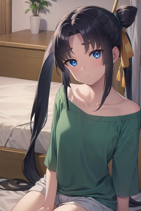 ushiwakamaru, <lora:ushiwakamarupinta-lora-nochekaiser:1>,
ushiwakamaru pinta, long hair, bangs, blue eyes, black hair, very long hair, sidelocks, hair bun, side ponytail, parted bangs,
BREAK shirt, collarbone, shorts, green shirt,
BREAK indoors, bed,
BREAK looking at viewer, (cowboy shot:1.5),
BREAK <lyco:GoodHands-beta2:1>, (masterpiece:1.2), best quality, high resolution, unity 8k wallpaper, (illustration:0.8), (beautiful detailed eyes:1.6), extremely detailed face, perfect lighting, extremely detailed CG, (perfect hands, perfect anatomy),