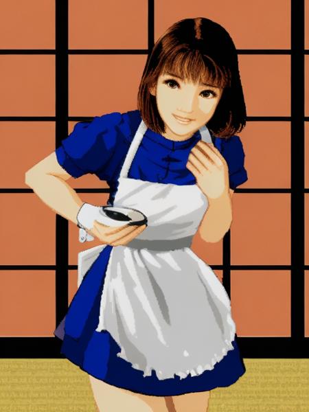 (masterpiece), sharp focus,best quality, beautiful detailed eyes,1girl,highly detailed,finely detailed,highres,best quality, solo, depth of field,light brown hair, swept bangs,short_hair,wavy hair,brown eyes,(((holding_dish))),two-handed dish, dish of Chinese cuisine,small_breast,flat_chest,white_stockings,blue dress,((white apron)),frills_apron,brown_shoes, kitchen  <lora:dynax:1>, masterpiece, best quality,