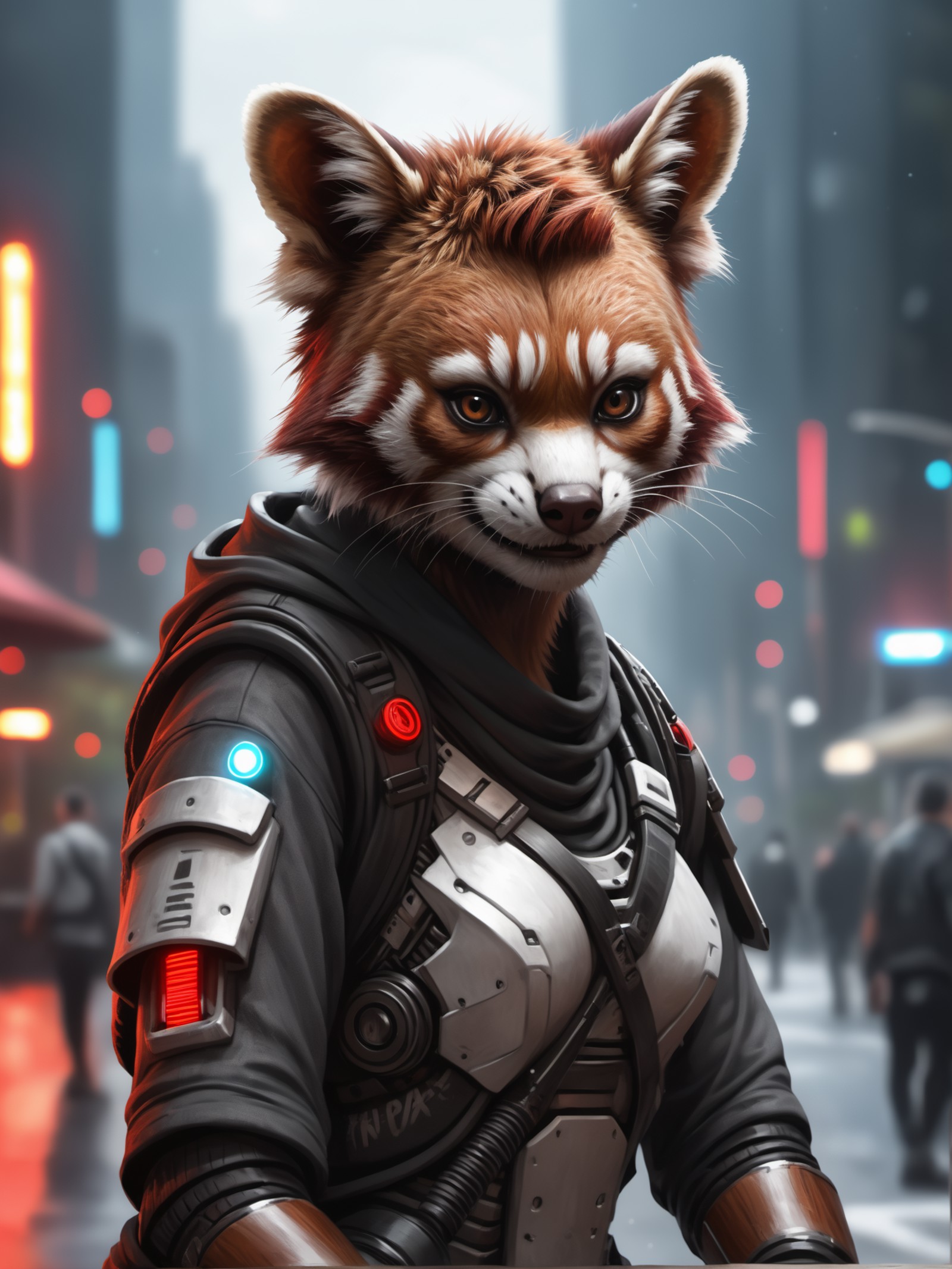a red panda cyberpunk woman , detailed, realistic, 8k uhd, high quality