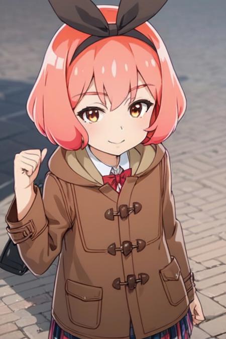 yuri is my job anime lineart, 1girl, solo, mai koshiba, salmon-pink hair, short hair, puffy hair at the bottom, black hair ornament, bangs, collared shirt, white shirt, coat, red bow, brown coat, blue plaid skirt, black shoes