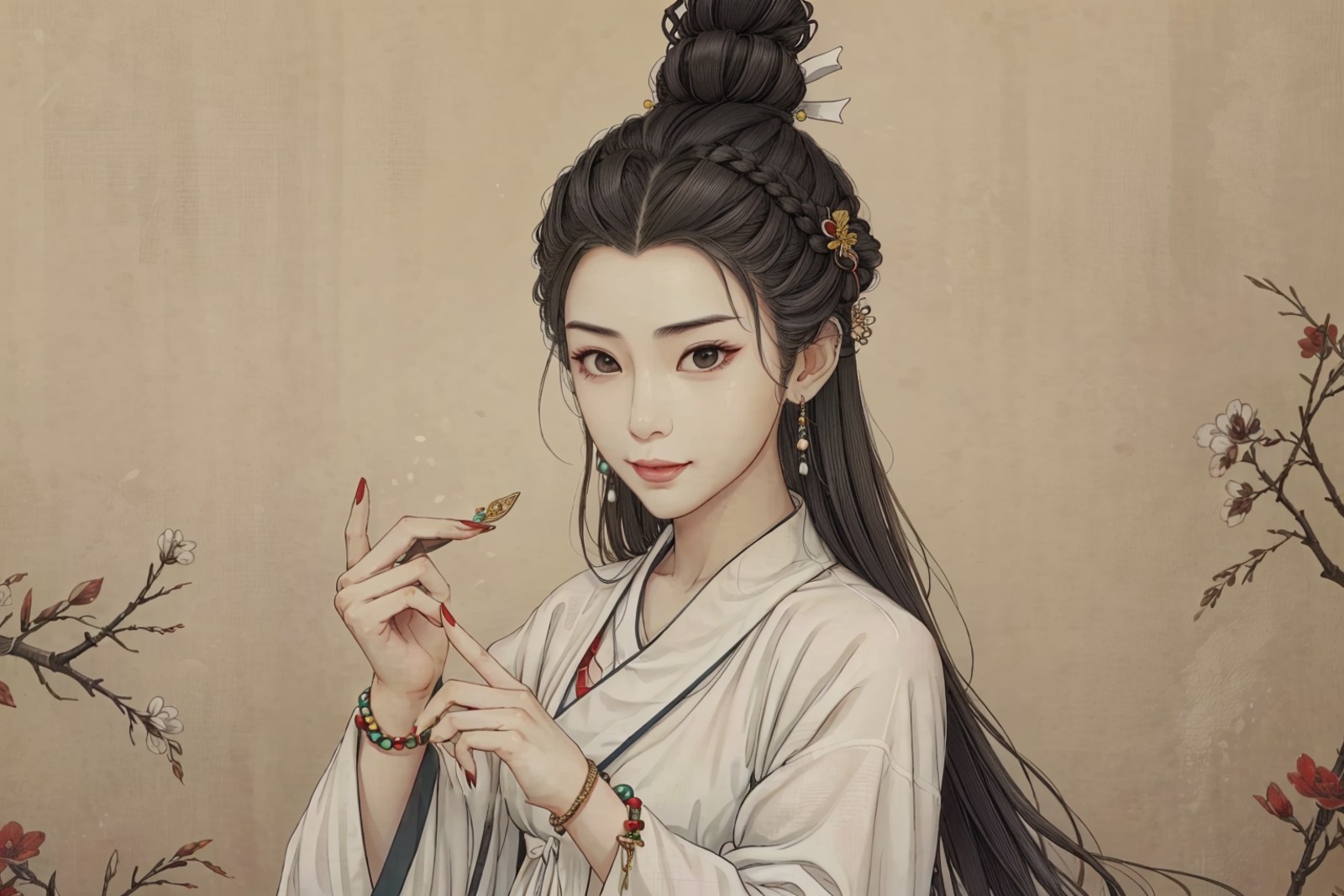 (masterpiece:0.8),best quality,
gongbiv,gongbi painting,1girl,solo,chinese clothes,jewelry,hanfu,long hair,earrings,lookin...