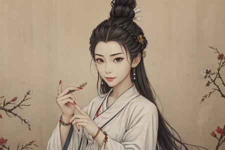 (masterpiece:0.8),best quality,
gongbiv,gongbi painting,1girl,solo,chinese clothes,jewelry,hanfu,long hair,earrings,looking at viewer,black hair,smile,simple background,robe,fingernails,hair bun,red nails,nail polish,wide sleeves,beads,upper body,black eyes,long sleeves,hair ornament,hands up,lips,bracelet,white robe,single hair bun,hair pulled back,half updo,brown eyes,closed mouth,topknot,long fingernails,bow,brown hair,red lips,hair stick,braid,hair bow,
Chinese style meticulous painting,<lora:gongbi painting:0.8>,