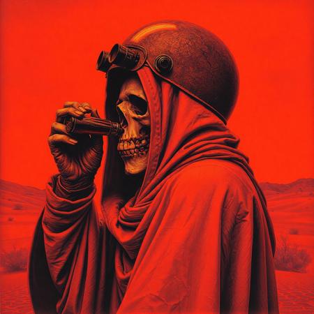 Dark art Side view of an cloaked ominous monk from the 70s-style pulp paintings drinking from the tubes on a beer helmet he is wearing while standing in a mysterious red desert, The sky is red and otherworldy. The monks grinning skeletal face is barely visible. Duotone: Burnt orange and deep plum. Mood: Occult ritual meets 80's crinkled concert poster art style. Grim reaper, doom metal-style, gritty, desert ritual, tales from the crypt