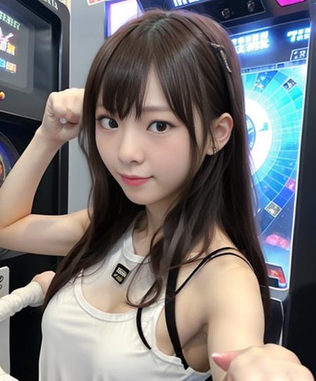 photo of thin girl (hanaka:0.8) <lora:Hanaka:0.8>  punching  at arcade center,  wideangle