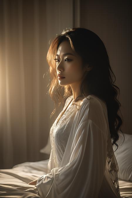 (HD, masterpiece, best quality, hyper detailed, ultra detailed, super realistic),Description: A serene photograph capturing a Thai woman waking up in a sumptuous bedroom, exuding an aura of elegance and tranquility. She has long, tousled hair that frames her delicate features, and her soft, sleepy expression embodies a sense of peaceful awakening.  Attire: She is clad in a black, elegant nightgown that elegantly hugs her curves while offering a hint of sophistication. The silky fabric glistens softly in the morning light, with delicate lace accents enhancing its luxurious appeal.  Background: The backdrop features a beautifully designed luxurious bedroom with plush bedding, rich textures, and tasteful decor. Soft pillows and a stylish headboard provide a cozy and inviting environment, while a few chic decorative pieces add a touch of refinement.  Lighting: The room is bathed in warm, golden sunlight filtering through sheer curtains from a nearby window, casting gentle light and soft shadows throughout the space. This natural light enhances the intimate atmosphere, highlighting the womanâs graceful features and the exquisite details of the room.  Photography Details: Captured in exquisite detail (4K resolution), the image showcases the textures of her nightgown and the luxurious fabrics of the bedroom. The composition uses a shallow depth of field, softly blurring the background while keeping her in sharp focus, emphasizing her tranquil beauty. The overall mood is intimate and dreamy, evoking a sense of warmth and comfort., SDXL Perfect_Eyes, SDXL super_beauty_face SDXL Lightning, SDXL.lyco neg4all_bdsqlsz_xl_V91, SDXL.lyco EnvyDramaticLightingXL02_photo<lora:SDXL Perfect_Eyes.safetensors:0.5:0.5> <lora:SDXL super_beauty_face SDXL Lightning.safetensors:0.7000000000000001:0.7000000000000001> <lora:SDXL.lyco neg4all_bdsqlsz_xl_V91.safetensors:0.7000000000000001:0.7000000000000001> <lora:SDXL.lyco EnvyDramaticLightingXL02_photo.safetensors:0.7000000000000001:0.7000000000000001>
