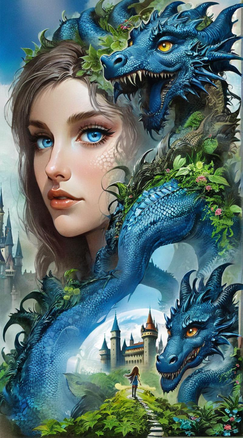 A painting of a woman with blue eyes and a blue dragon on her shoulder.