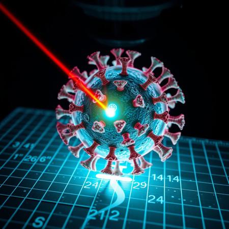 a virus seen at electronic microscope on plane matrix, a laser is scanning the virus with a beam