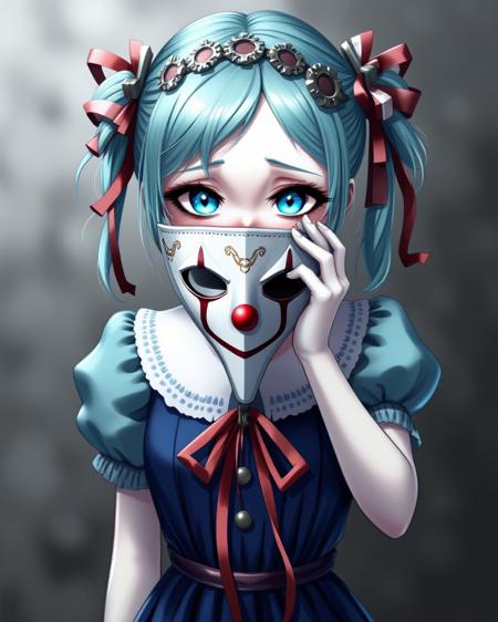 bo-christmas
1girl, aqua eyes, aqua hair, blue dress, blurry, blurry background, choker, clown mask, collarbone, colored eyelashes, covering face, dress, empty eyes, gears, grey background, hair ribbon, holding, holding mask, mask, pale skin, pierrot, pleated dress, ribbon, sad, short sleeves, solo, tearing up, twintails