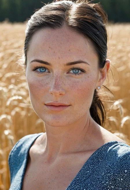Stunning photo of a beautiful 38 years old Dutch, woman, posing, perfect face, absolute beauty, natural raven black hair, ponytail, blue eyes, freckles, freckles and moles all over body, stunning dress, absolute perfect tits, big tits, soft natural tits, absolute perfect nipples, in a field of tall grain, morning sun behind her, gentle light,