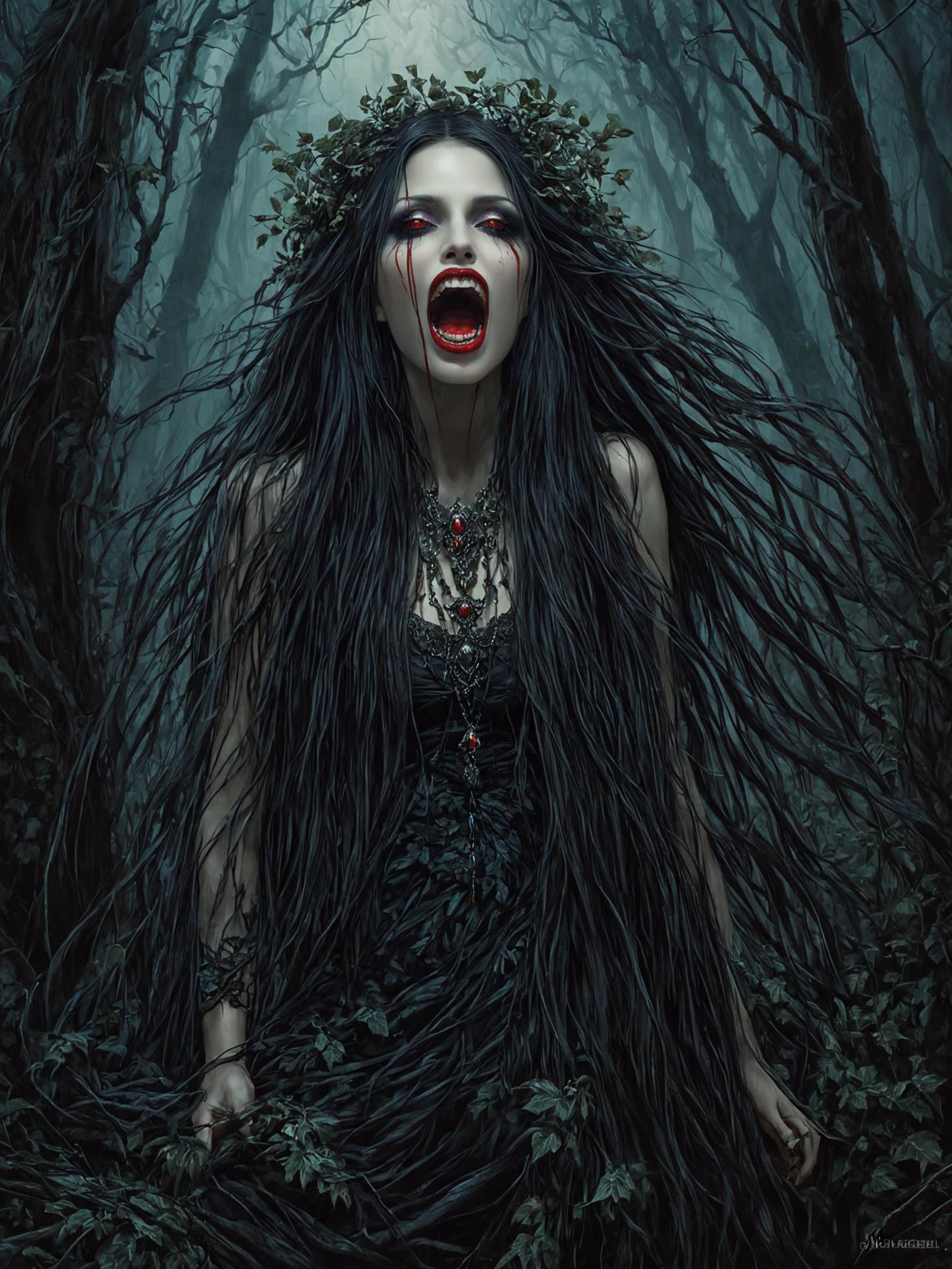 A woman with long dark hair in a black dress screaming.