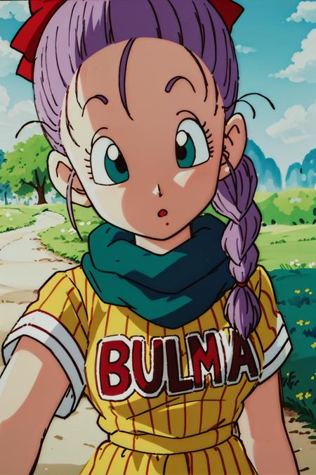 <lora:bulmaptp:0.7>, bulma, 1girl, solo, looking at viewer, open mouth, blue eyes,  purple hair, hair bow, outdoors, sky, day, :o, character name, vertical-striped dress, tree, eyelashes, grass, nature, clothes writing, close-up, scarf, braided ponytail, ((selfie)),