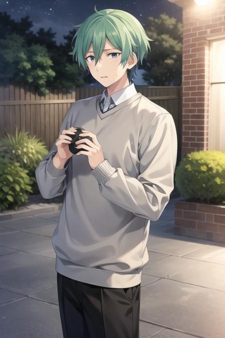 <lora:Tatsumi-04:0.7>, tatsumi kazehaya, solo, looking at viewer, short hair, blue eyes, shirt, long sleeves, 1boy, holding, hair between eyes, white shirt, male focus, outdoors, green hair, collared shirt, sweater, aqua hair, night, cat, plant, bush, grey sweater