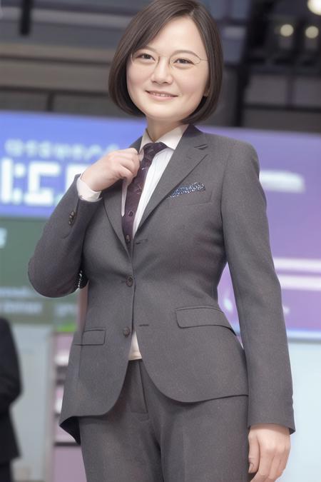 a short hair woman wear a pair of glasses,suit,smile