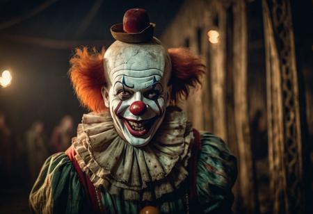 Horror-themed cinematic film still Ghoulish Clown laughing in the Abandoned Circus of Horrors . shallow depth of field, vignette, high budget, bokeh, cinemascope, moody, epic . Eerie, unsettling, dark, spooky, suspenseful, grim, highly detailed