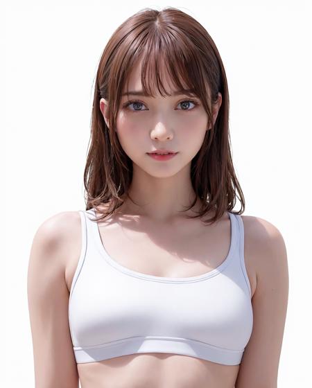 best quality, photorealistic, 8k, high res, 1girl, woman, (skindentation), (portrait:0.6), gorgeous, ((whitebackground, sport bra, small breast:1.65)), (long brown hair, parted bangs:1.4), looking at viewer,  (1girl eyes looking at viewer:1.6), photorealistic, (bokeh), (closed mouth, smile:1.3), gorgeous, pureerosface_v1:1, <lora:grav-nashiko:0.45>