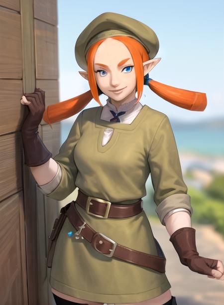 best quality, (masterpiece),(ultra-detailed), (high quality), (high resolution), <lora:karane:0.7>,1girl, belt, blue eyes, gloves, hat, karane,orange hair, pointy ears, smile, solo, twintails,