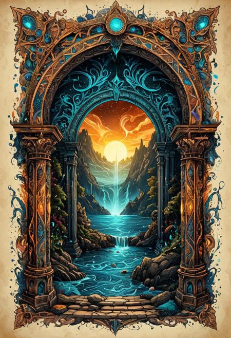 Finely detailed vector illustration, portal to another dimension, ultra realistic quality, hyperdetailed, intricately detailed, fantastical, intricate detail, splash screen, dramatic colors, fantasy concept art, 8k resolution, masterpiece, ink on old parchment, faded colours, magical glow, calligraphy,