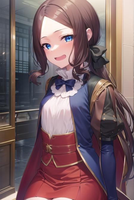 leonardodavinci, <lyco:leonardodavincirider-lyco-nochekaiser:1>, 
leonardo da vinci rider, blue eyes, brown hair, long hair, parted bangs, (small breasts:1.2), <lora:smirkingeye_v100:1>, <lora:smirkingmouth_v100:1>, smile, open mouth,
BREAK black footwear, brown jacket, elbow gloves, gloves, jacket, loafers, metal gloves, pantyhose, red skirt, shoes, skirt, puffy sleeves, thighhighs, blue thighhighs,
BREAK looking at viewer, full body, upper body,
BREAK indoors,
BREAK <lyco:GoodHands-beta2:1>, (masterpiece:1.2), best quality, high resolution, unity 8k wallpaper, (illustration:0.8), (beautiful detailed eyes:1.6), extremely detailed face, perfect lighting, extremely detailed CG, (perfect hands, perfect anatomy),