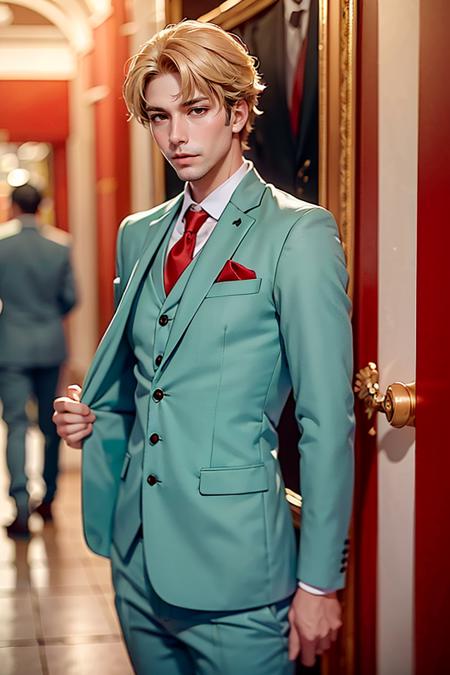 loidforger  blonde light green three-piece suit with a red tie