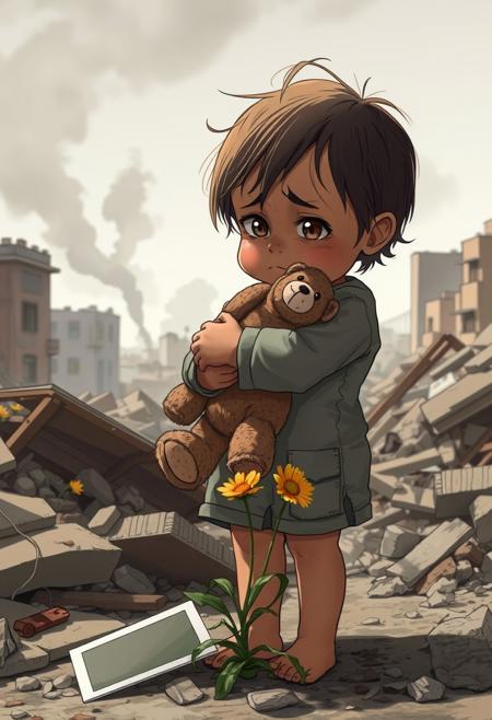 Illustrated image, digital art style
A tearful child,  clutches a worn teddy bear tightly, standing alone in the rubble of a war-torn city. Soft natural lighting highlights the child's expression of fear and confusion. The background shows collapsed buildings, smoke rising in the distance. A single flower grows through the debris near the child's bare feet. The child's clothes are tattered and dirty. A discarded family photo lies partially visible in the rubble nearby. The sky is a somber gray. Captured with a high-end digital camera, shallow depth of field focusing on the child's eyes, high detail and resolution, muted color palette except for the bright flower and the child's eyes. Photojournalistic style, emotional impact, raw and unposed.