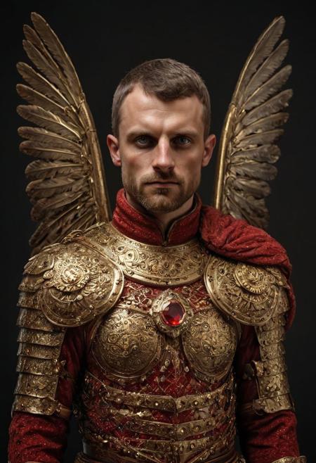 winged hussars, ornate brass stylized wings on back of man, 2 large hussar wings behind back, undercuthaircut, Photorealistic oil painting of (Handsome:1.1) (Polish) (Irish) (Slavic) (bright sapphire eyes) (half-dragon warrior-prince:1.2) with (intricate metallic red brass scales seamlessly melded into arm and neck:0.9), 18-year-old, (darkblonde undercut short hair:1.1), (medieval fantasy clothing:1.2), grimdark fantasy, (medieval) fantasy, high fantasy, epic fantasy, (upper body:1.3) (medium shot:1.3) taken with (fujifilm xt3:1.1), film grain, dark style, raking light dramatic hard shadows, (dramatic lighting:0.9), material contrast, cinematic composition, intricate details, masterpiece, visually stunning, evocative, vivid deep hues, brass, red Crystal, (body transformation:1.2), <dhevv:ds-style:rsd1.5>, realistic eyes, scaleborn, scales, undercut, royal, red armor, symmetrical armor, large nose, wide nose, wide nosebridge, tallnose, dour expression, full beard,