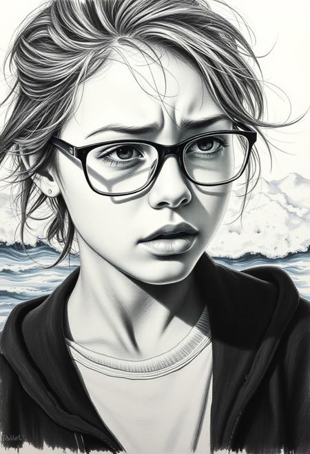 Hyperrealistic art, art sketchbook canvas, pencil drawing, BREAK Portrait, handsome young girl, wearing glasses, crying, hair disheveled, raging ocean in the background