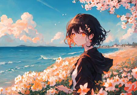 masterpiece, best quality, ultra-detailed, illustration, detailed orange eyes, 1girl, short black hair, Flower sea full of spring atmosphere, beautiful sky