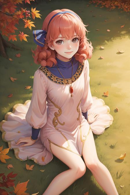 masterpiece, best quality, genny, hairband, necklace, long dress, sitting on the ground, grass, fallen leaves, looking up, from above, autumn, village, looking at viewer, smile, furrowed brow <lora:genny-nvwls-v2-000012:0.9>