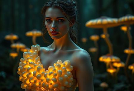 A detailed portrait of a woman in an elegant dress made of luminescent, shell-like structures, blending seamlessly with her soft skin. The scene is set in a dark, enchanted forest with glowing mushrooms in the background. The lighting emphasizes the glossy textures of her gown, creating a mystical atmosphere.