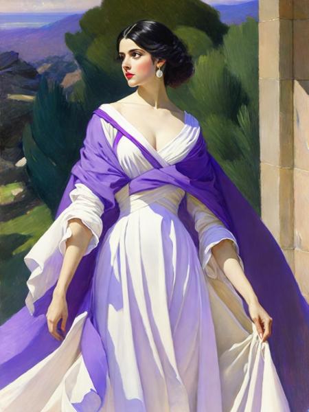 <lora:JohnSingerSargent:1>a painting of a woman in a white dress with a purple cape over her shoulders by John Singer Sargent